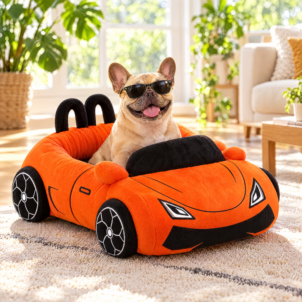Buldog francuski w okularach przeciwsłonecznych siedzi w legowisku Wyścigówka Pupilmobil
