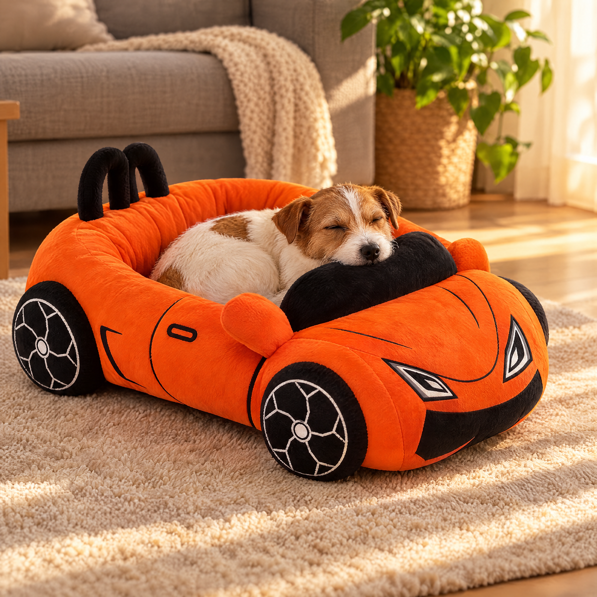 Pies rasy Jack Russell śpi w legowisku Pupilmobil w salonie